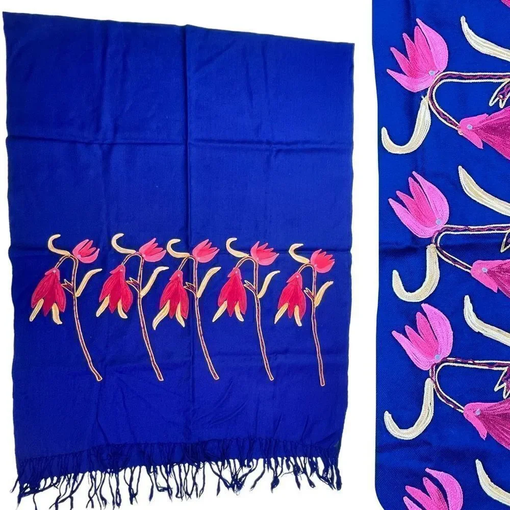 Ana Lee Women's One Size Royal Blue Floral Wool Embroidery Shawl With Tassel